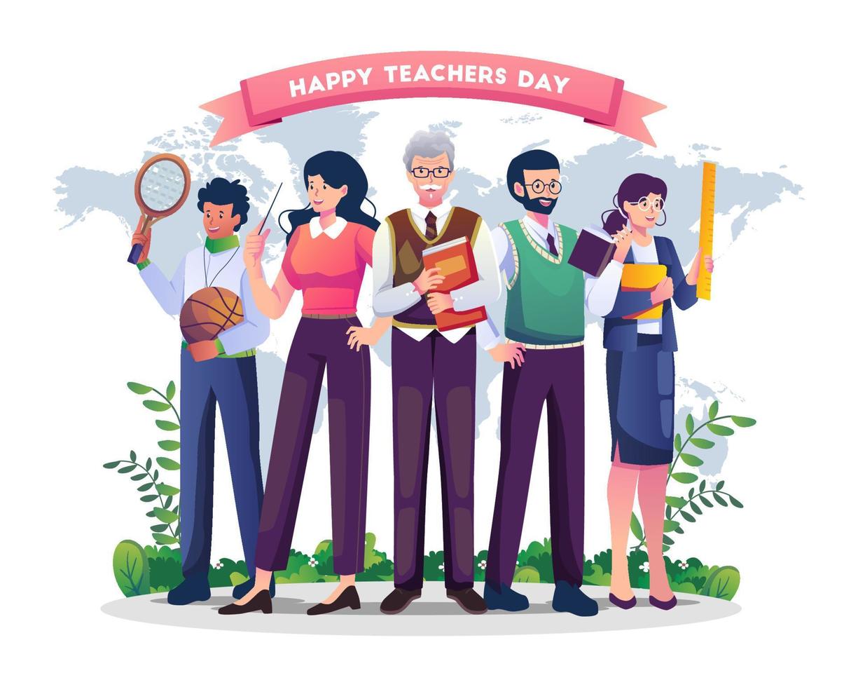 insegnanti di vario soggetti a partire dal in giro il mondo siamo festeggiare insegnanti giorno. vettore illustrazione nel piatto stile