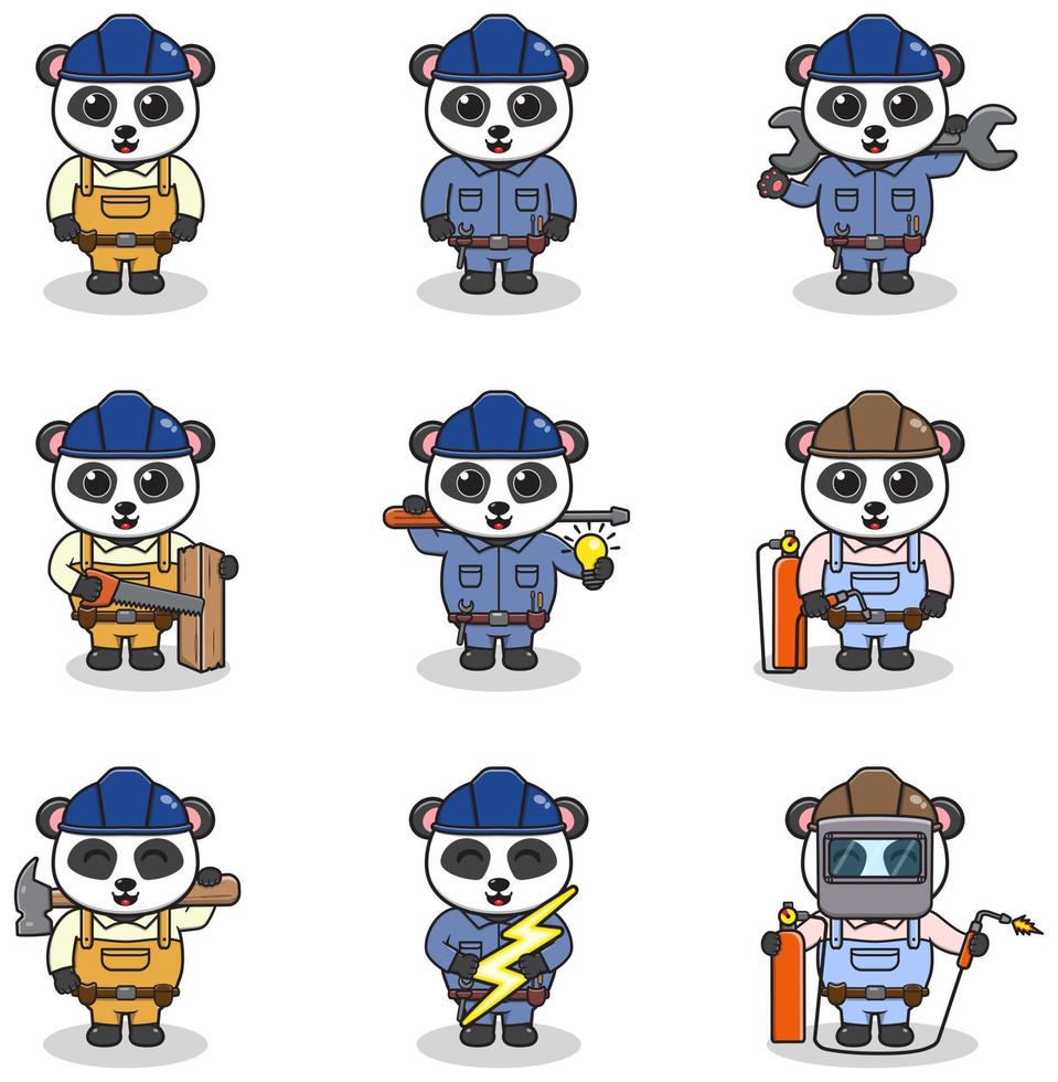 vettore illustrazione di panda costruzione, costruttore, elettricista, saldatore e tuttofare cartone animato. carino panda ingegneri lavoratori, costruttori personaggi isolato cartone animato illustrazione.