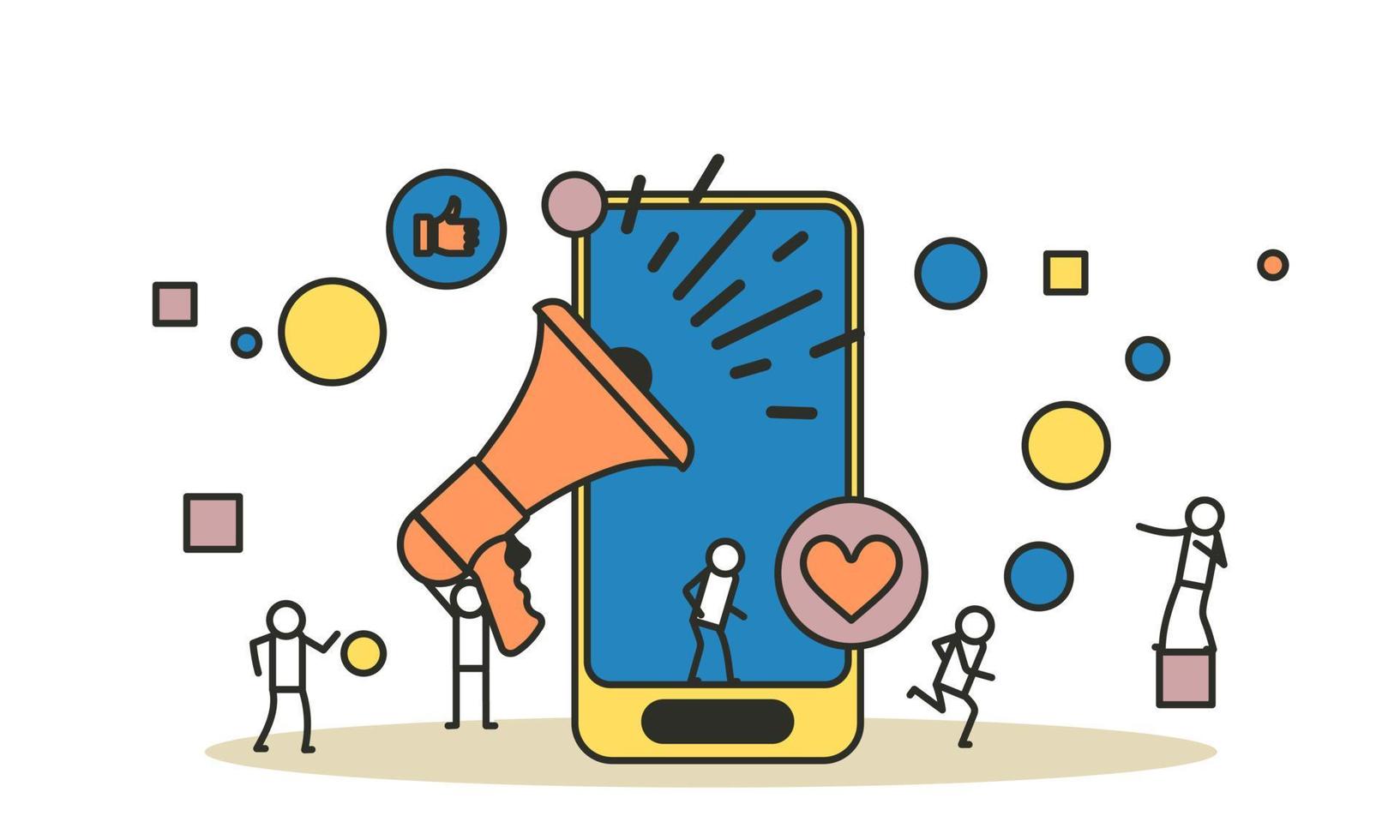 persone e mobile marketing. un' uomo e un' donna con un' altoparlante siamo in piedi vicino un' mobile Telefono. in linea Prodotto promozione concetto vettore illustrazione