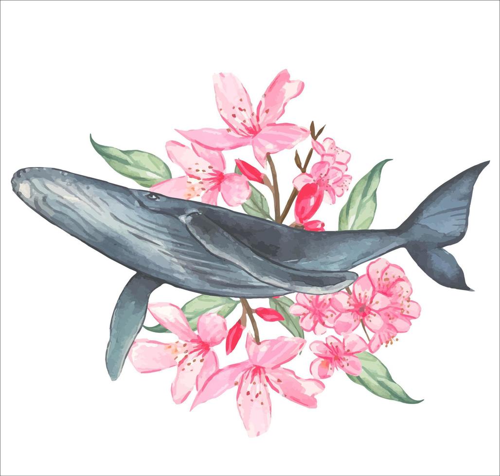 blu balena con ciliegia fiori . acquerello disegnato a mano illustrazione. vettore