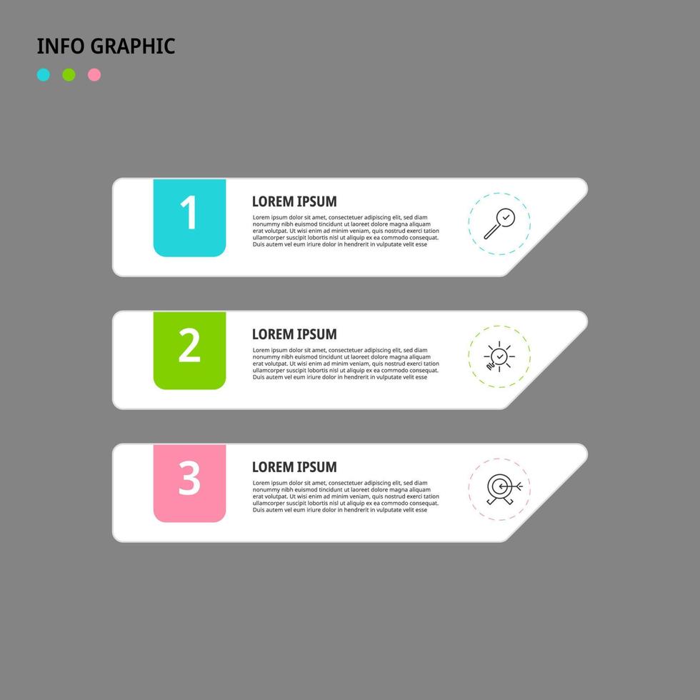 modello di business di progettazione infografica vettoriale con icone e 3 opzioni o passaggi. può essere utilizzato per diagramma di processo, presentazioni, layout del flusso di lavoro, banner, diagramma di flusso, grafico informativo