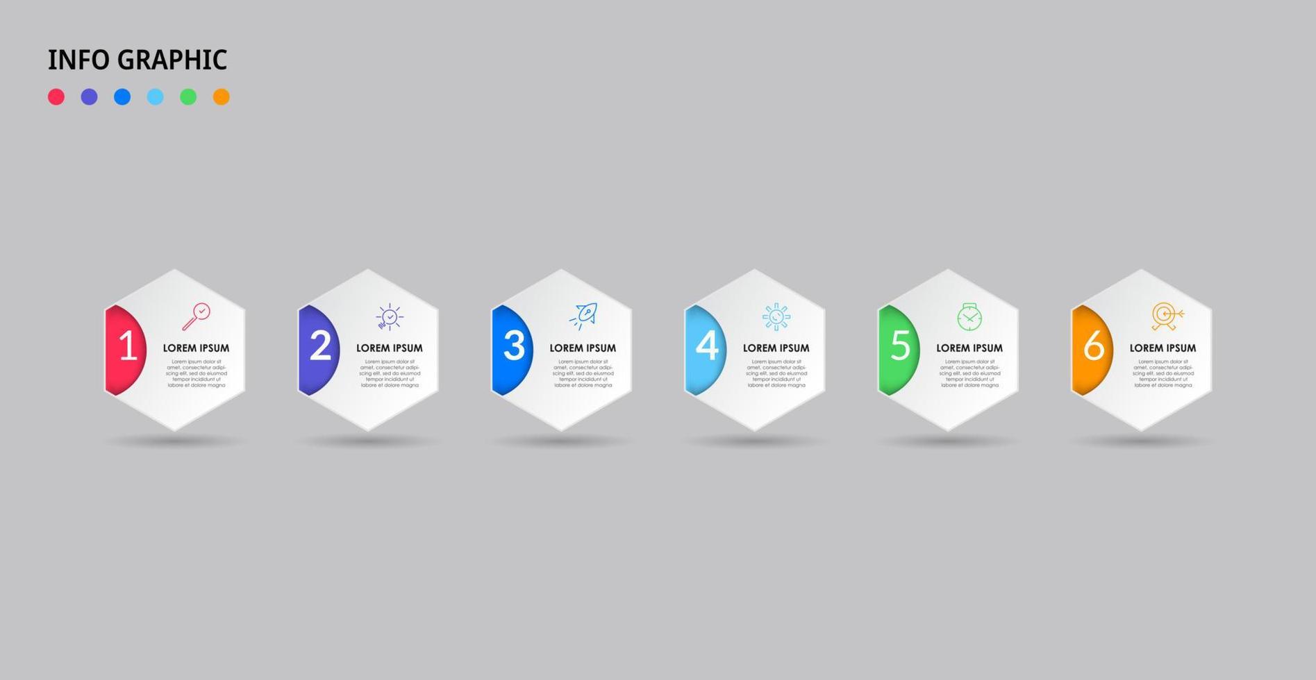 modello di business di progettazione infografica vettoriale con icone e 6 opzioni o passaggi. può essere utilizzato per diagramma di processo, presentazioni, layout del flusso di lavoro, banner, diagramma di flusso, grafico informativo