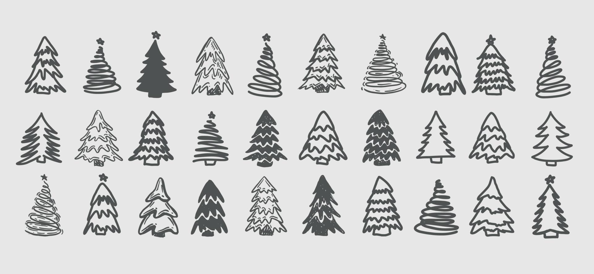 set di alberi di natale, illustrazioni disegnate a mano. vettore