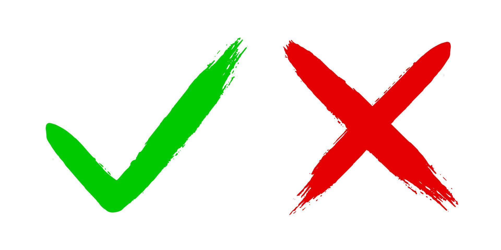 due pennellate disegnate a mano grunge sporco incrociano x e spuntano v ok segno di spunta illustrazione vettoriale isolata su sfondo bianco.