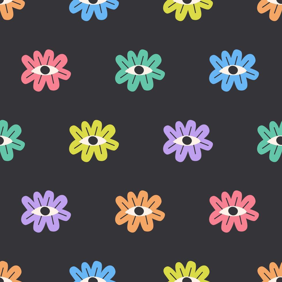 semplice senza soluzione di continuità modello colorato fiori su nero sfondo. floreale disegno, psichedelico fiori con occhio. mano disegnato vettore illustrazione