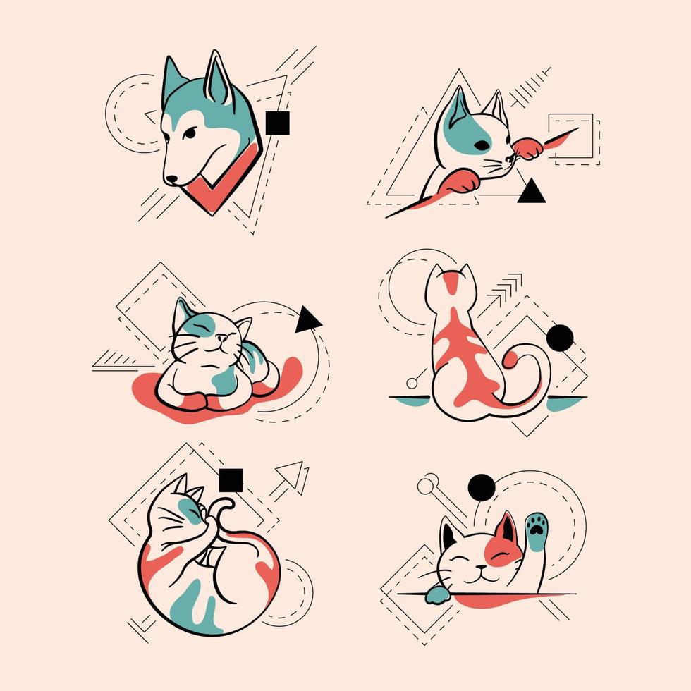 minimalista tatuaggio gatti e cane vettore