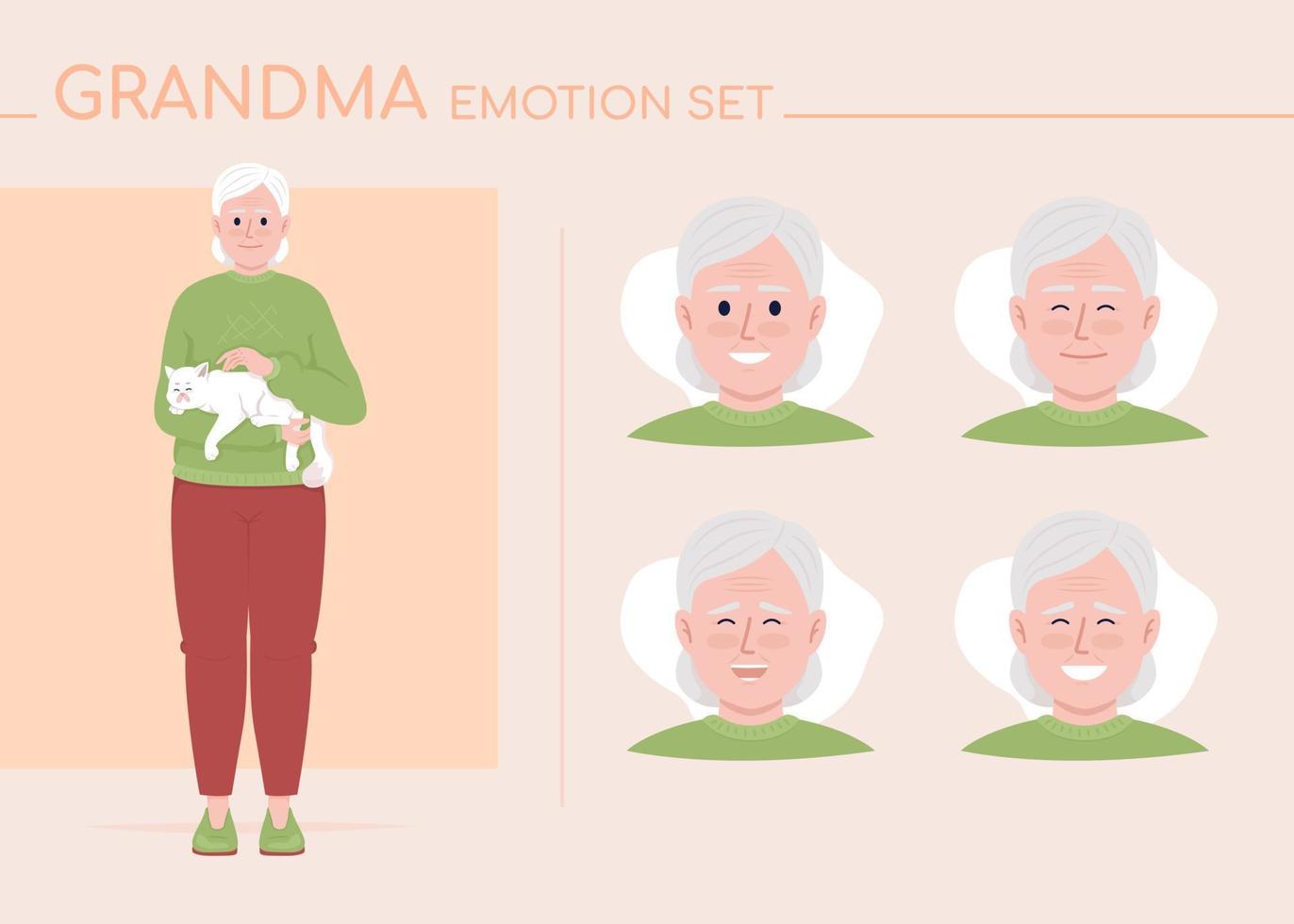 positivo nonna semi piatto colore personaggio emozioni impostare. modificabile facciale espressioni. felicità vettore stile illustrazione per movimento grafico design e animazione