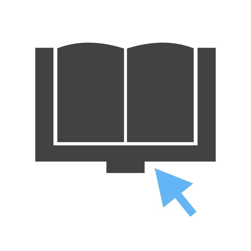 clic su libro glifo blu e nero icona vettore