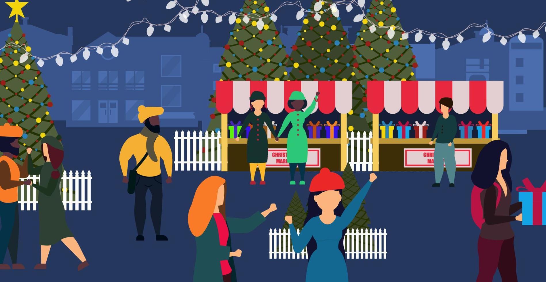 Natale mercato negozio vettore inverno carta illustrazione città. persone su strada con coppia cittadina stile di vita vacanza striscione. celebrazione sfondo con regalo e albero. natale contento evento manifesto nuovo anno