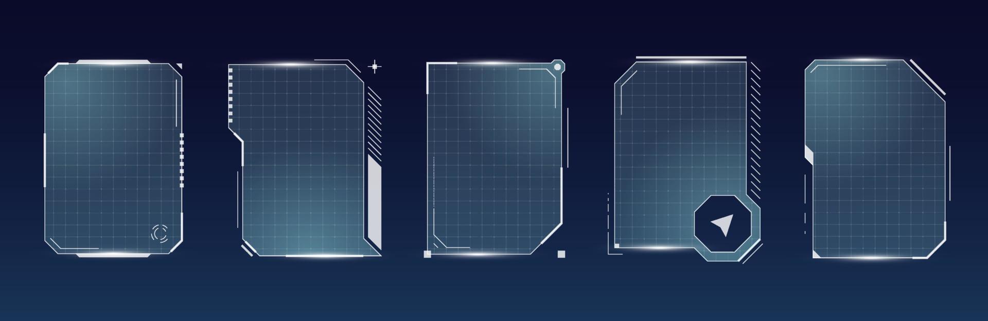 hud digitale futuristico utente interfaccia piazza telaio impostare. sci fi alto Tech schermi. gioco menù toccante informatica monitoraggio pannello di controllo pannelli. cyberspazio testa in su Schermo gui o FUI informazione segni. vettore