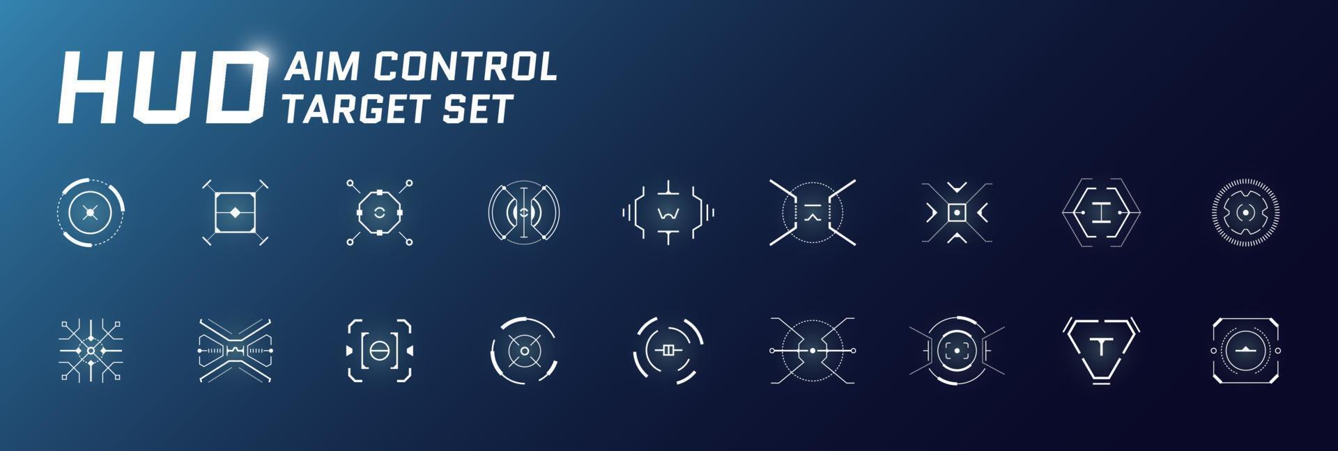 hud scopo controllo bersaglio sistema impostare. gui e FUI interfaccia. futuristico militare ottico mirando collezione. gui digitale radar elementi. collimatore messa a fuoco gamma luoghi d'interesse. digitale pannello di controllo mirino. vettore