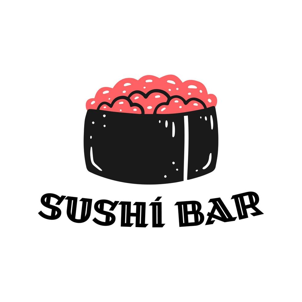 Sushi con caviale con il iscrizione Sushi sbarra. concetto logo di Sushi sbarra, asiatico veloce cibo. vettore isolato giapponese cibo illustrazione.