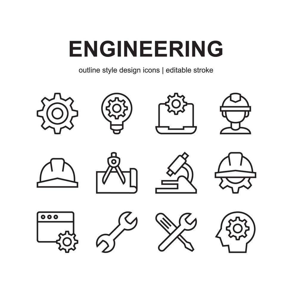 ingegneria icona impostare. contiene come icone come Ingranaggio, sicurezza casco, ingegnere e di più. linea stile design. vettore grafico illustrazione. adatto per sito web disegno, app, modello, ui.