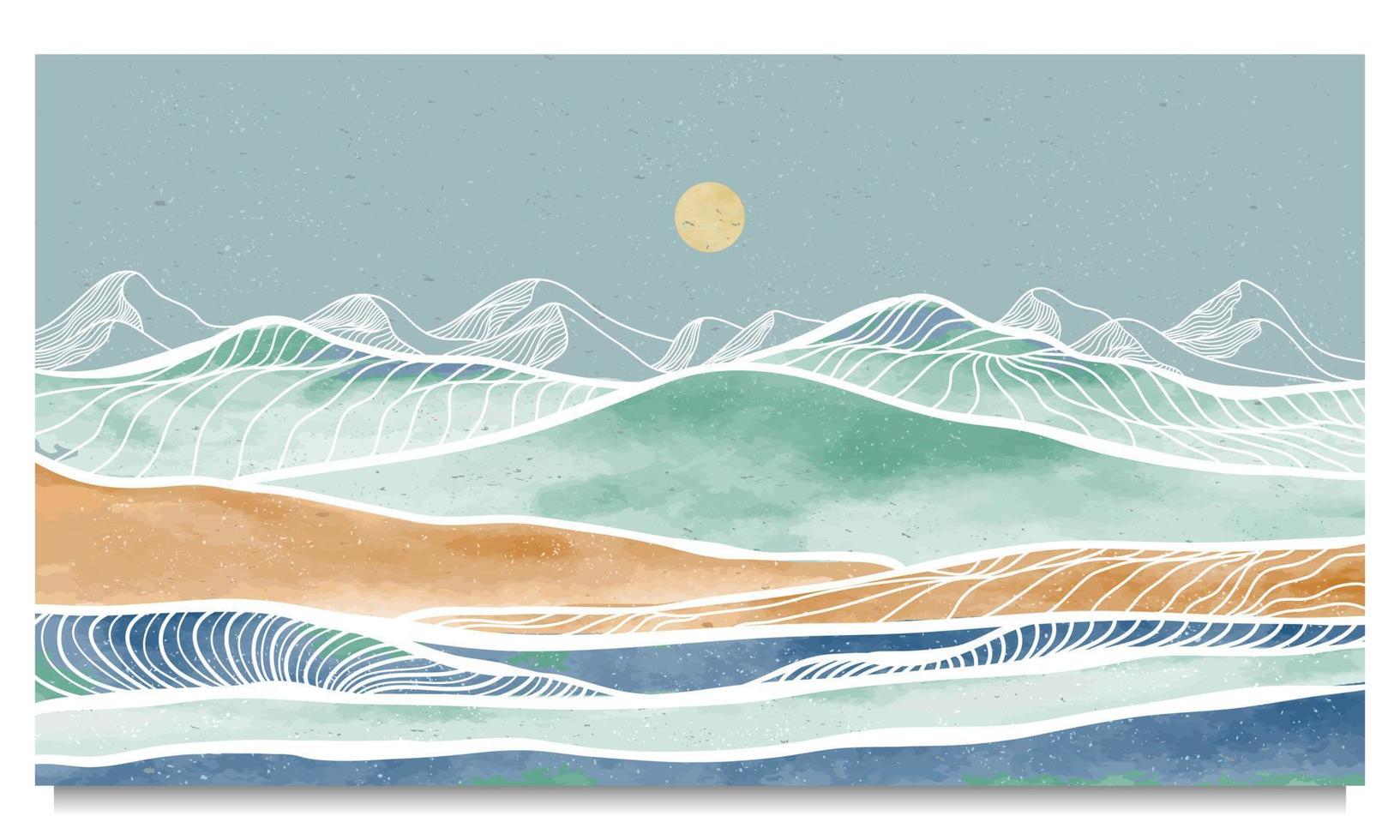 medio secolo moderno montagna arte Stampa. astratto contemporaneo estetico sfondi paesaggi. illustrazione di montagna, mare, cielo e sole vettore