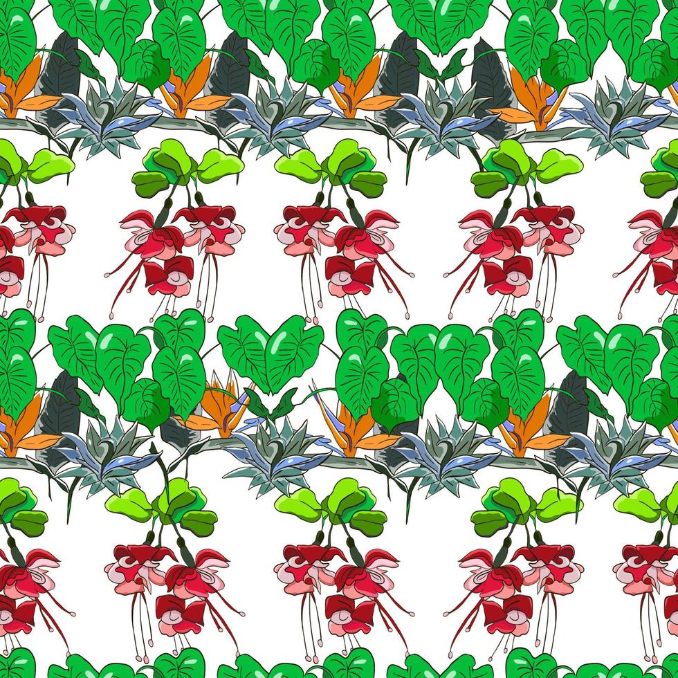 tropicale senza soluzione di continuità modello con esotico fiori, mostri, Banana e palma le foglie. vettore