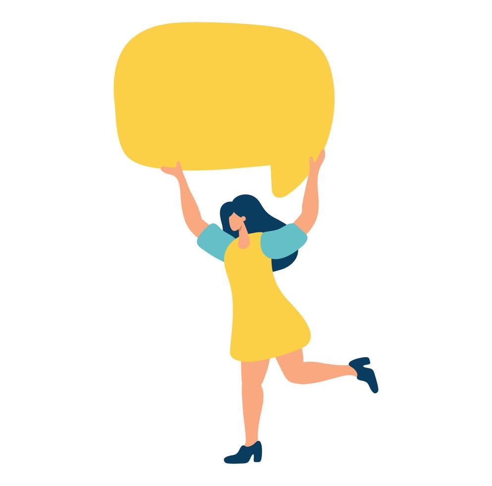 giovane piatto vettore donna Tenere giallo discorso bolla. concetto di annuncio, pubblicità, promozione, attività commerciale, dimostrazione, vuoto modello illustrazione