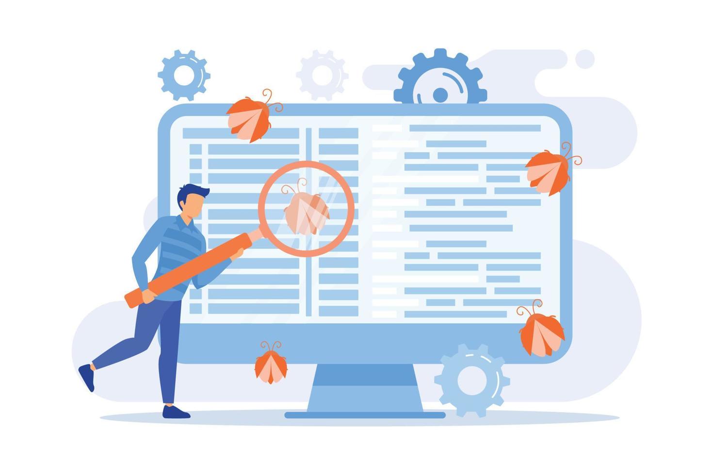 Software analisi programmatore lente d'ingrandimento guardare per difetti nel programma, applicazione. Software bug, errori, rischi. piatto design moderno illustrazione vettore