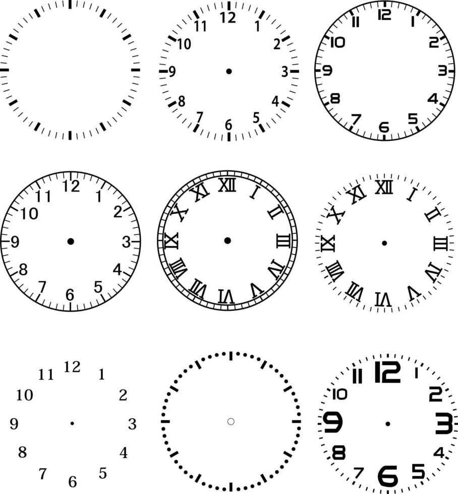 meccanico orologio viso quadranti modello impostato su bianca sfondo. orologi con Arabo e romano numeri cartello. piatto stile. vettore