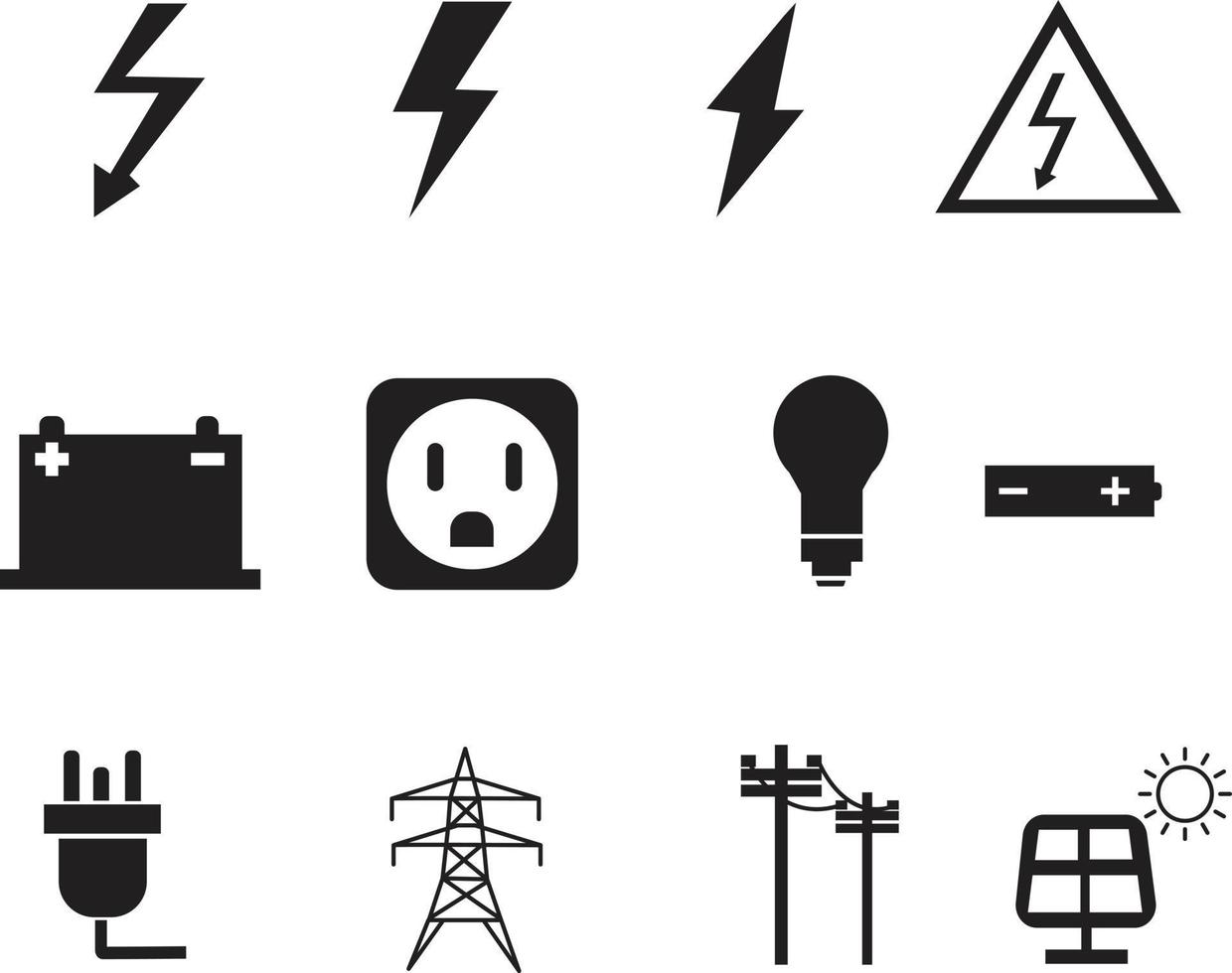 nero elettricità icona impostato su bianca sfondo. impostato di energia icone. elettrico cartello. piatto stile. vettore