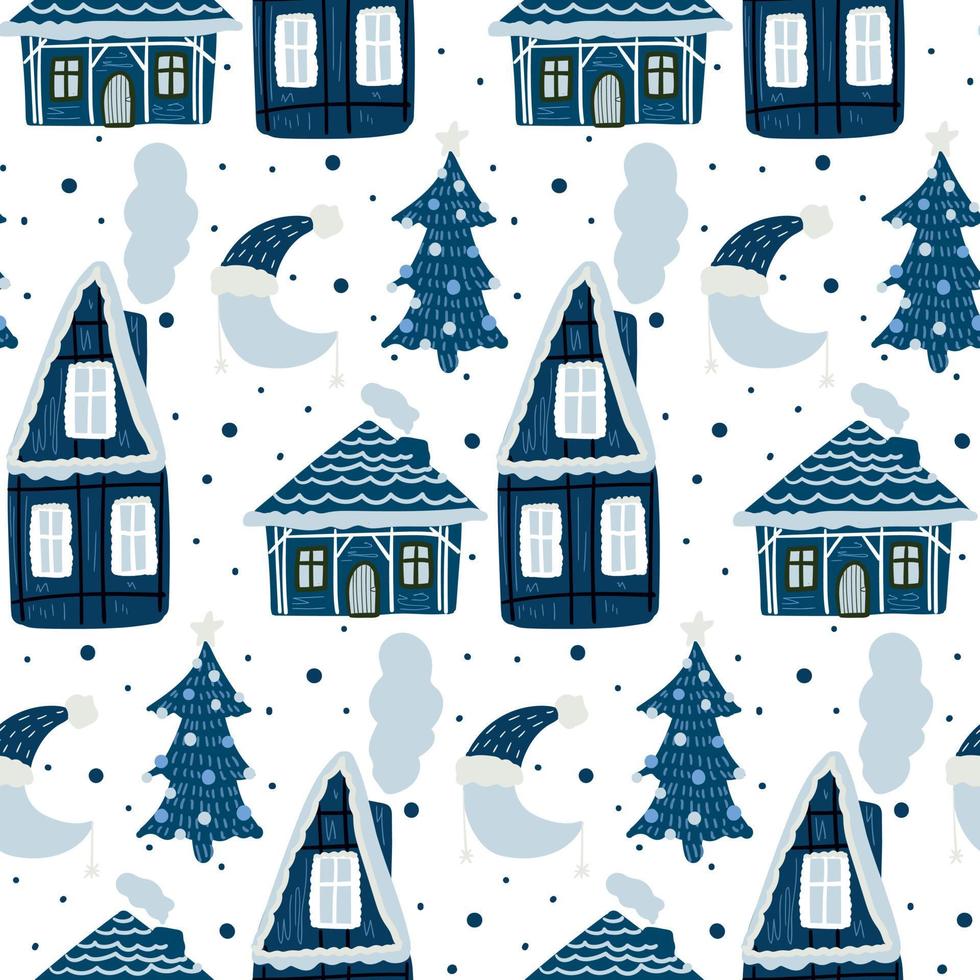 Natale sfondo con case nel il neve, Luna e Natale alberi. vettore