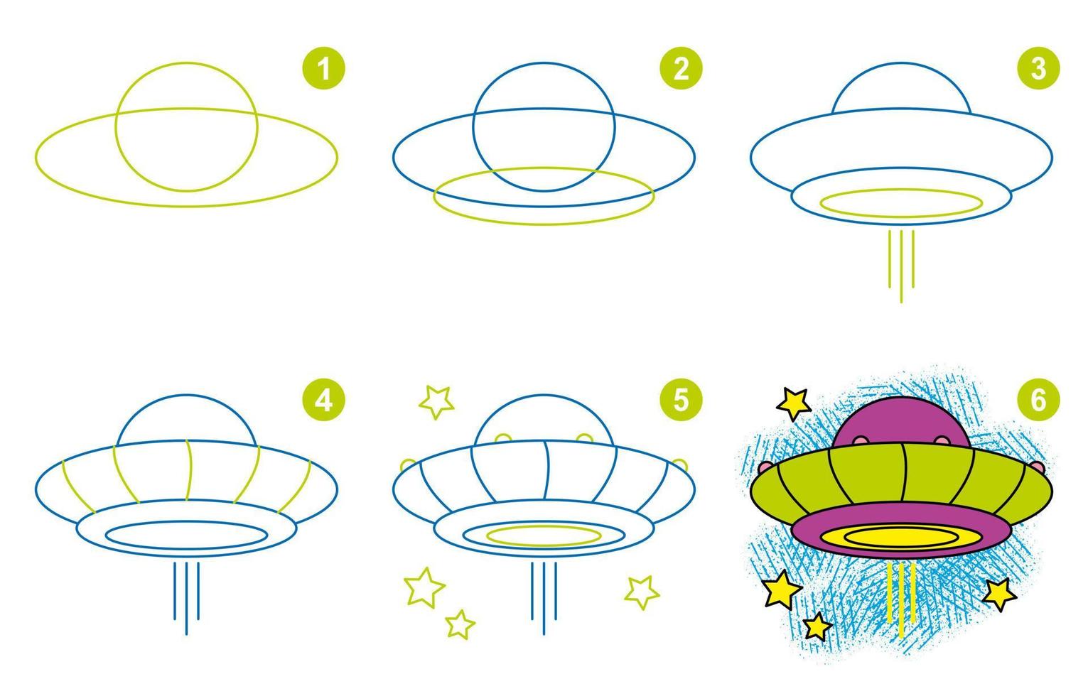 Istruzioni per disegno ufo. Seguire passo di passo per disegno ufo. foglio di lavoro per bambini apprendimento per disegnare alieno trasporto. gioco per bambini. schema per disegno ufo. vettore