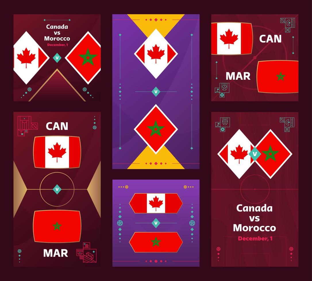 Canada vs Marocco incontro. mondo calcio 2022 verticale e piazza bandiera impostato per sociale media. 2022 calcio infografica. gruppo palcoscenico. vettore illustrazione annuncio