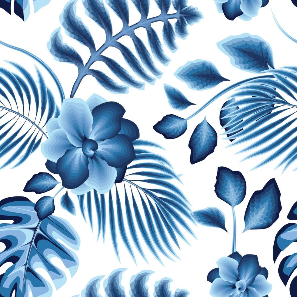 estate sfondo senza soluzione di continuità modello con Vintage ▾ blu monocromatico tropicale le foglie e pianta fogliame su bianca sfondo. moderno astratto design per tessuto, carta, interno decorazione. autunno design vettore