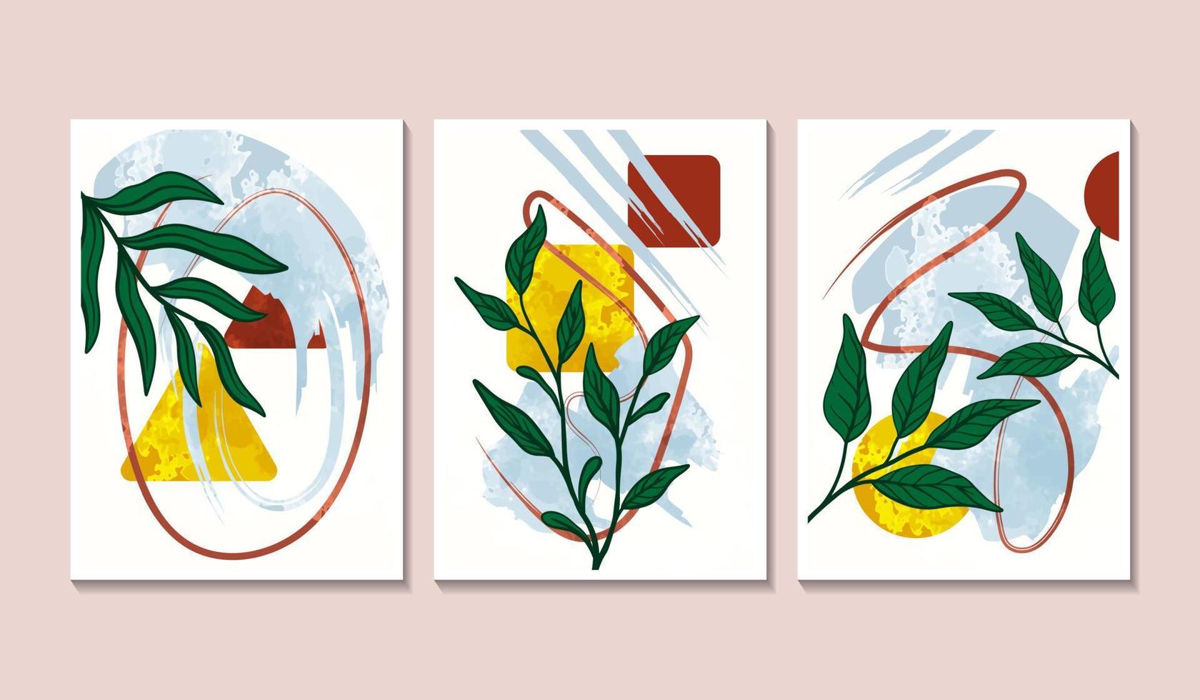 set di 3 poster da parete minimalisti con foglie di palma ed elemento di forme astratte vettore