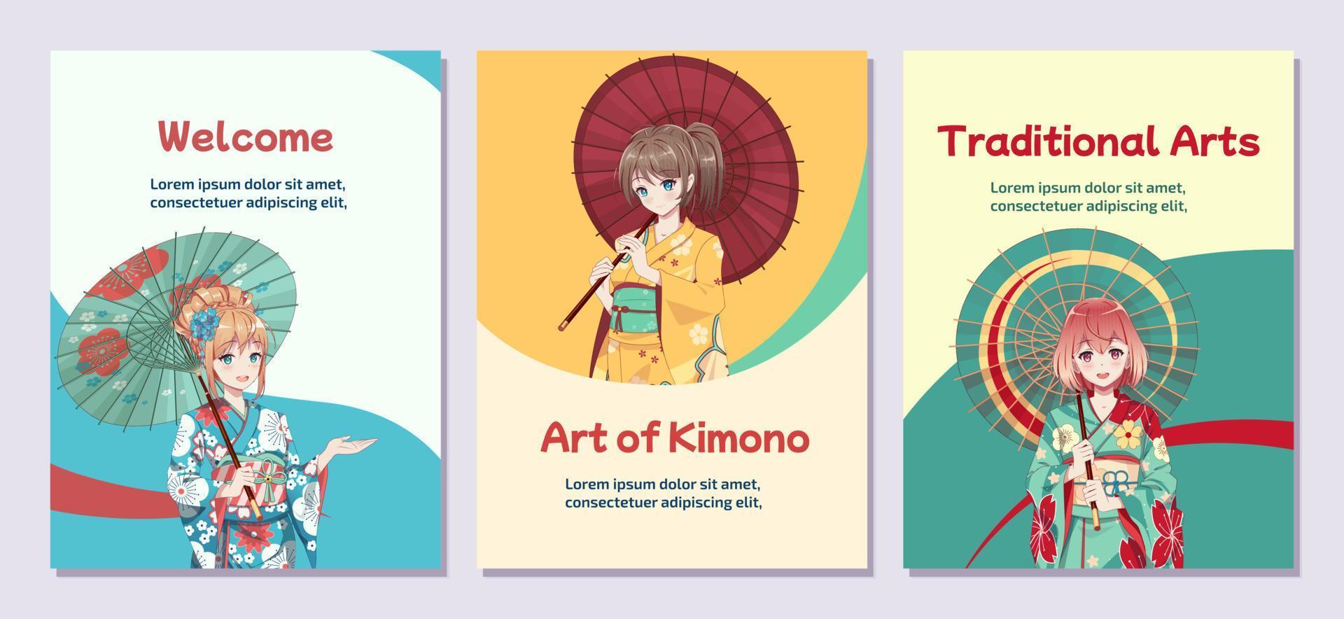 poster o volantino. ragazze anime manga in costume tradizionale kimono giapponese con ombrello di carta. illustrazione vettoriale su sfondo isolato