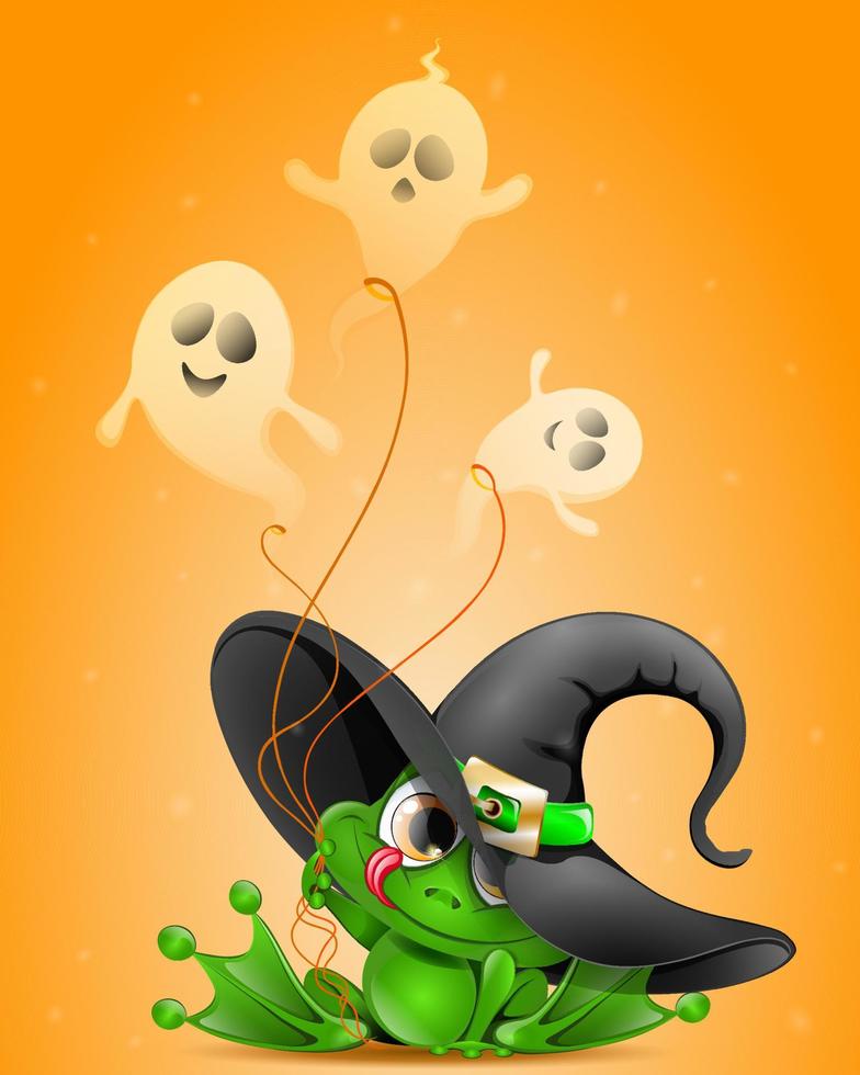 Halloween divertente cartone animato rana nel strega cappello con fantasmi palloncini vettore