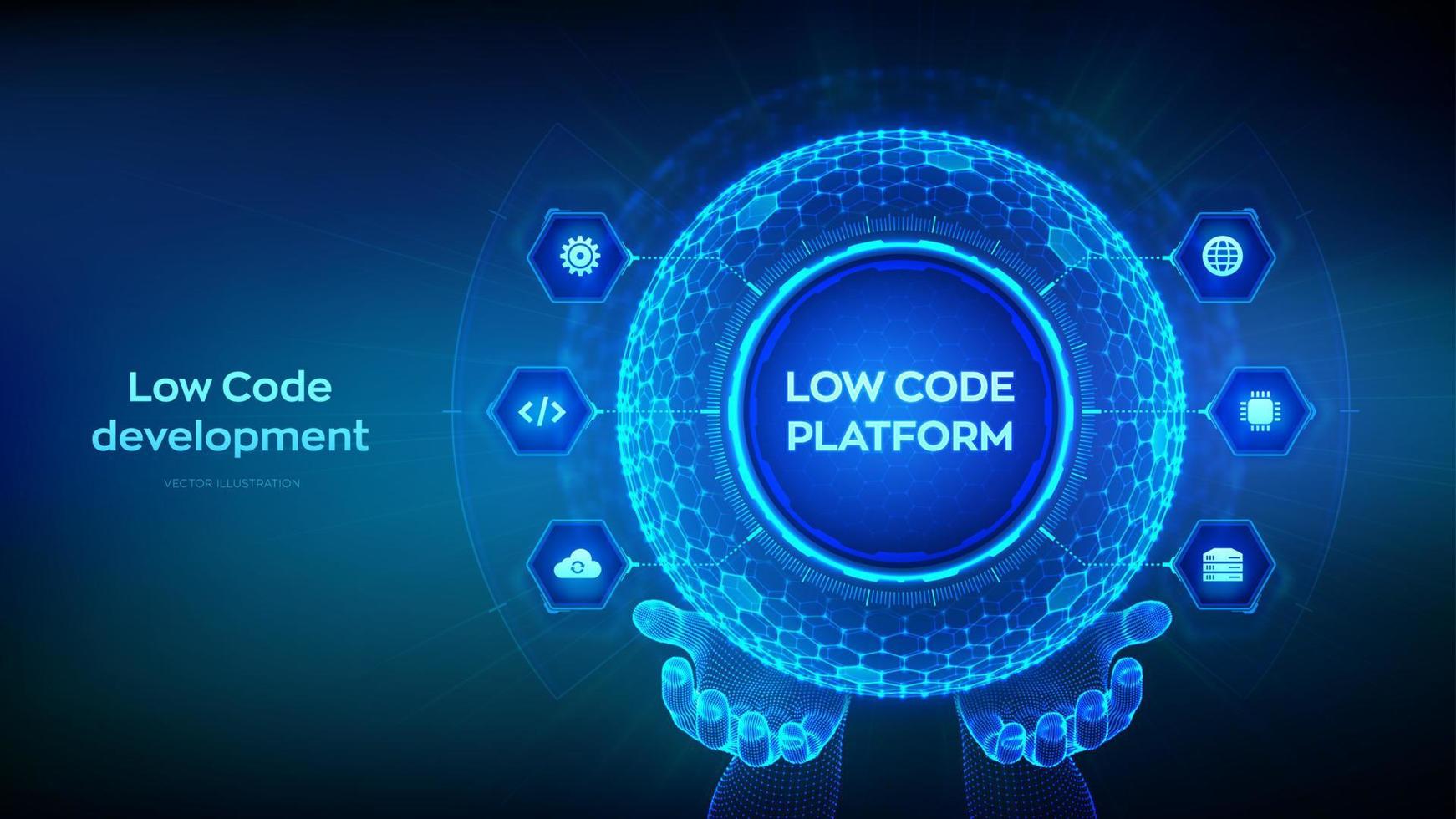 Basso codice piattaforma. Basso codice sviluppo tecnologia concetto. lcdp facile codifica. esagonale griglia sfera nel wireframe mani su blu sfondo. vettore illustrazione.