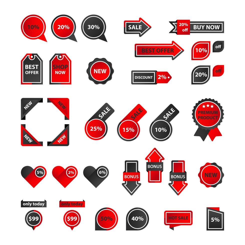 vettore adesivi, prezzo etichetta, striscione, etichetta. buono saldi, offerte e promozioni vettore modello. impostato di pulsanti, icone