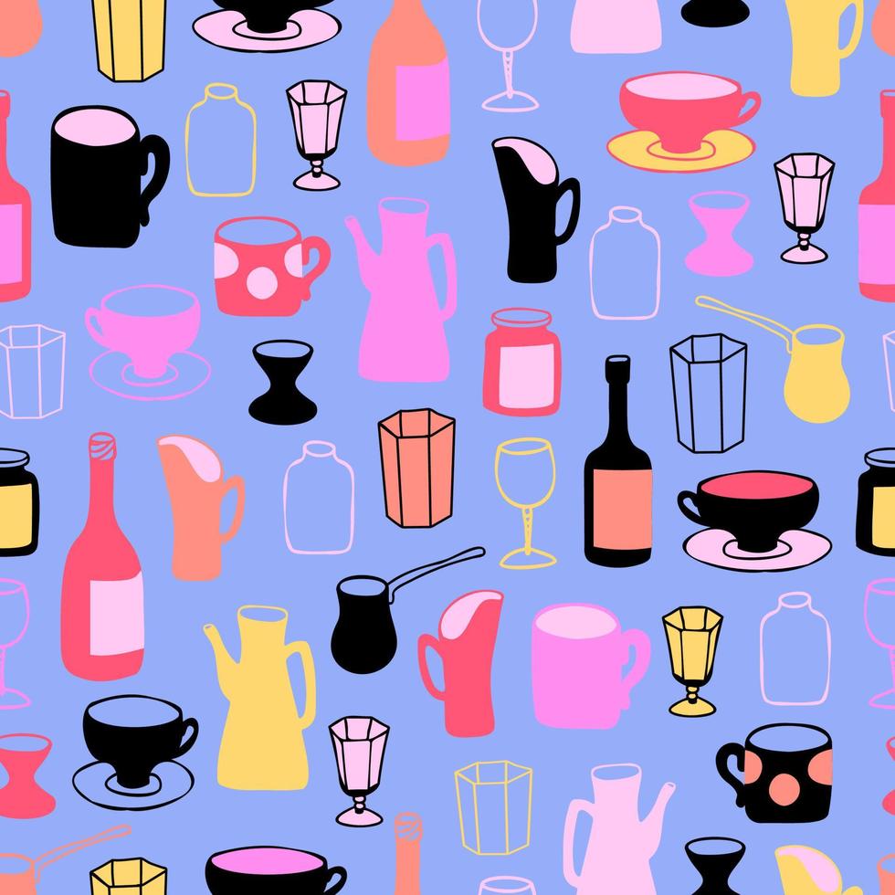 modello vettoriale senza soluzione di continuità con un set di piatti disegnati in stile doodle. decanter minimalista, teiera, tazza, bicchieri vintage, bicchieri da vino, bicchierino, bottiglia di vino.