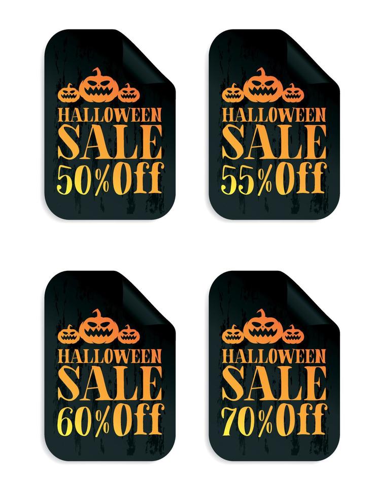 Halloween nero vendita adesivi impostato con zucca. Halloween vendita 50, 55, 60, 70 via vettore