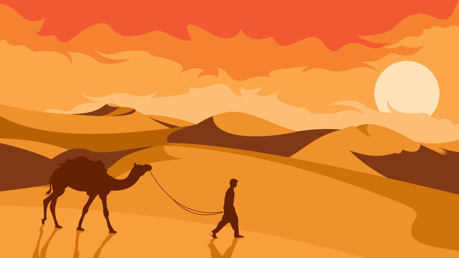 deserto paesaggio con uomo e cammello deserto sfondo vettore
