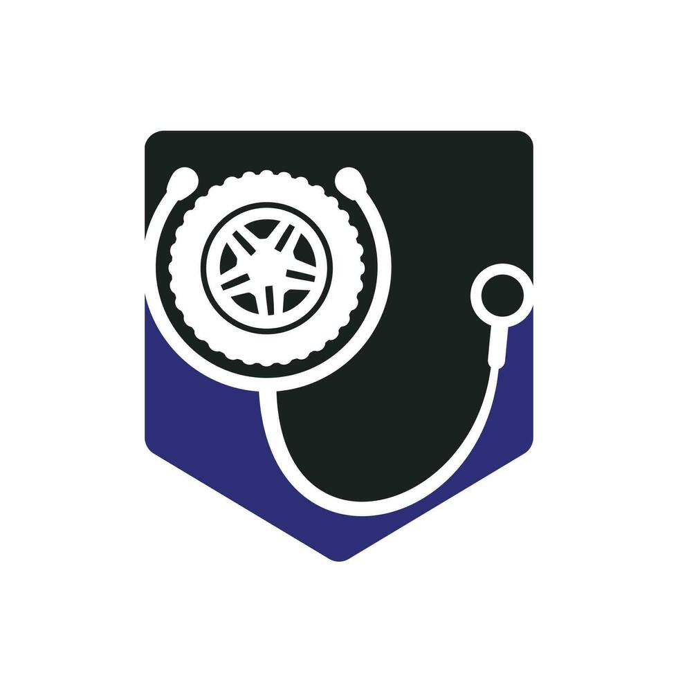 settore automobilistico supporto e cura logo concetto. pneumatico e stetoscopio icona logo design. vettore