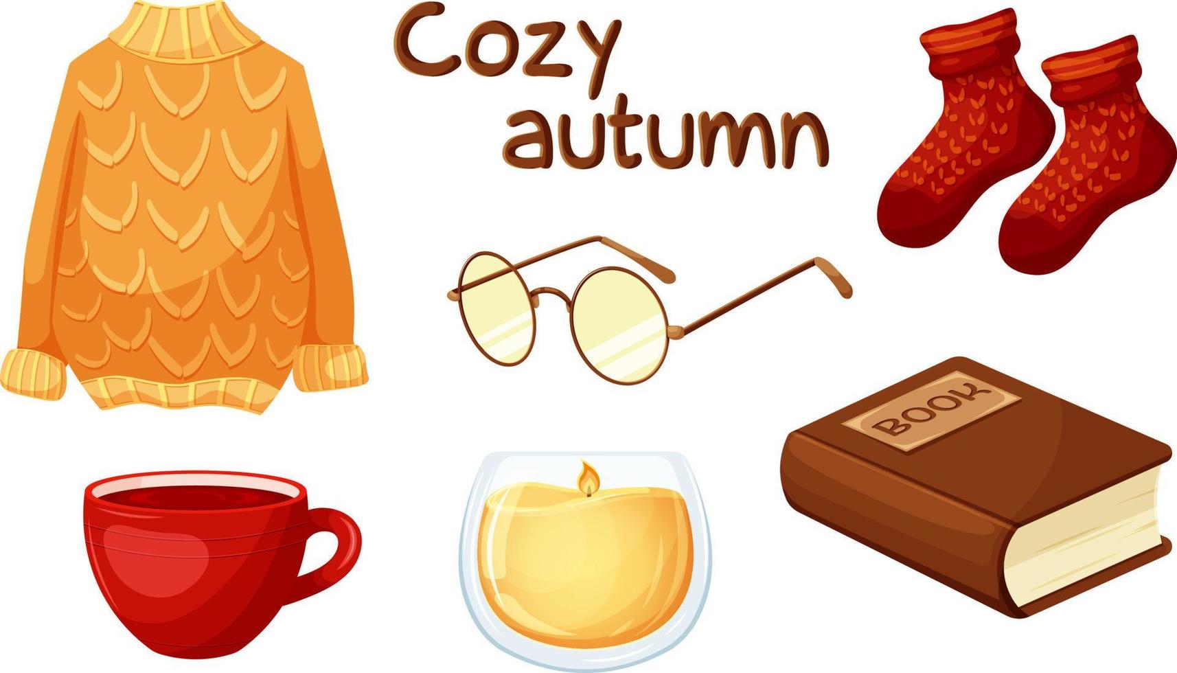 accogliente autunno, pigro, confortevole autunno, autunno hobby. impostato di elementi di accogliente autunno. occhiali, prenotare, a maglia maglione, a maglia calzini, candeliere, tazza di tè vettore