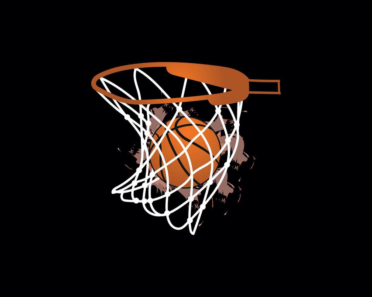 pallacanestro cerchio, pallacanestro rete, pallacanestro cestino con pallacanestro illustrazione su nero sfondo vettore