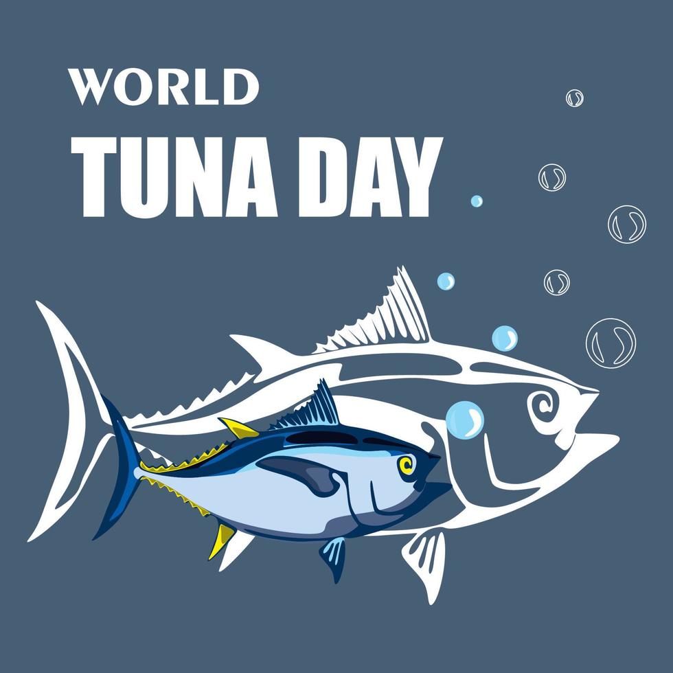 mondo tonno giorno illustrazione. vettore isolato tonno pesce stilizzato clipart striscione, manifesto con scritta. mare e oceano vita marino