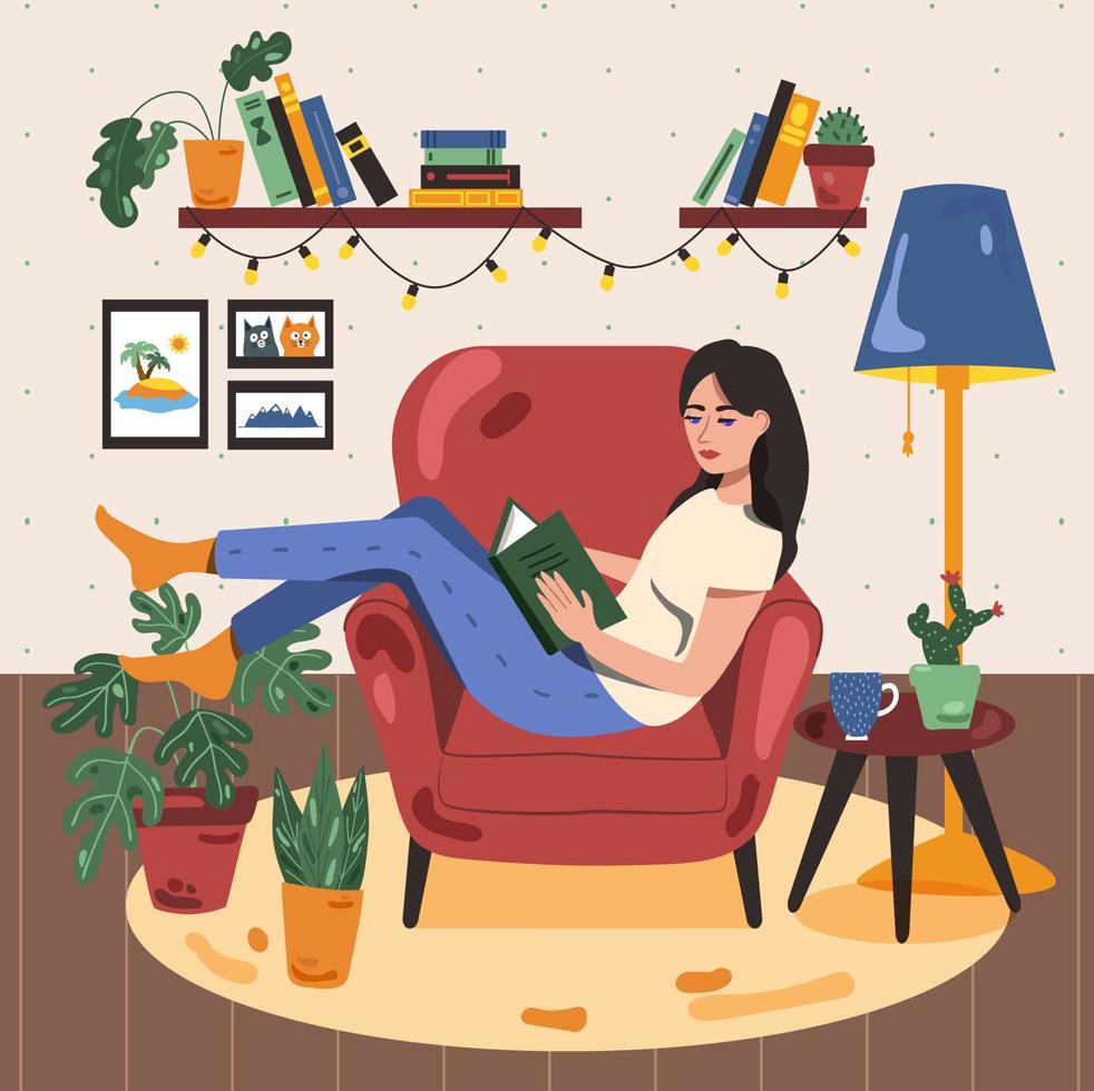 donna lettura un' libro nel un' sedia, vettore illustrazione