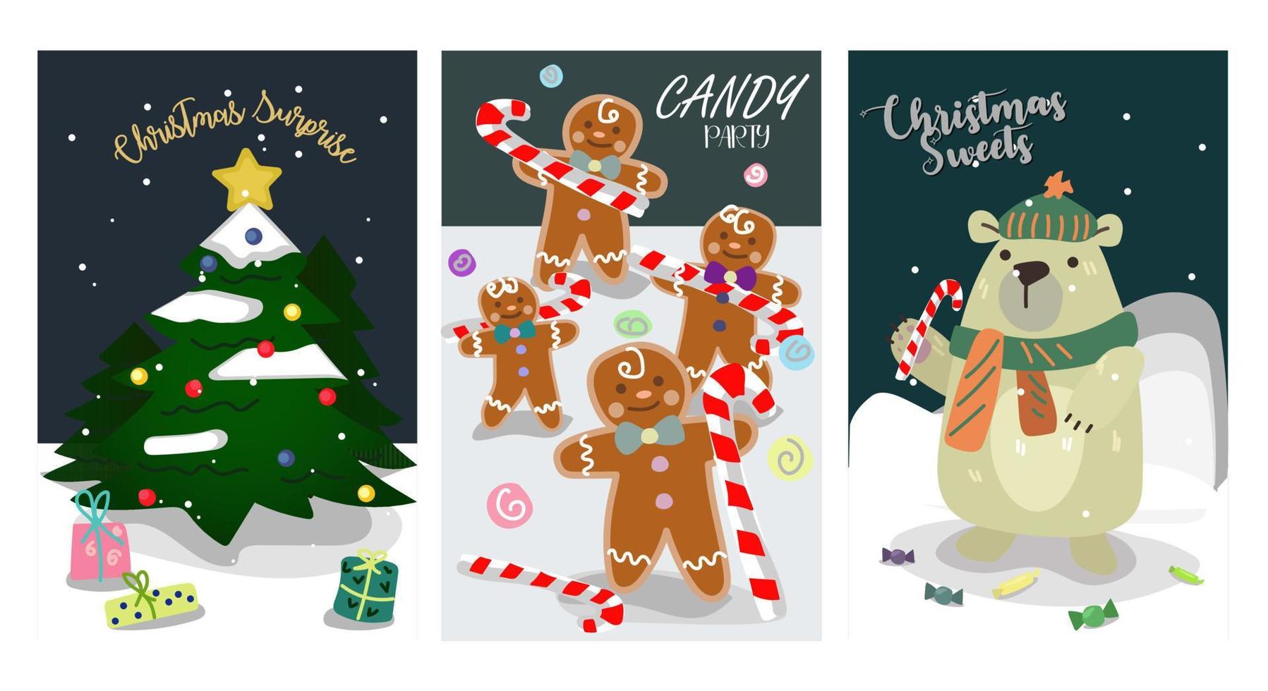 un' impostato di carino Natale carte. cartoline con Natale motivi Santa claus, orso, pupazzo di neve, slitta con i regali, Natale albero, pinguino, auto con Natale albero, Casa, Pan di zenzero. vettore illustrazione