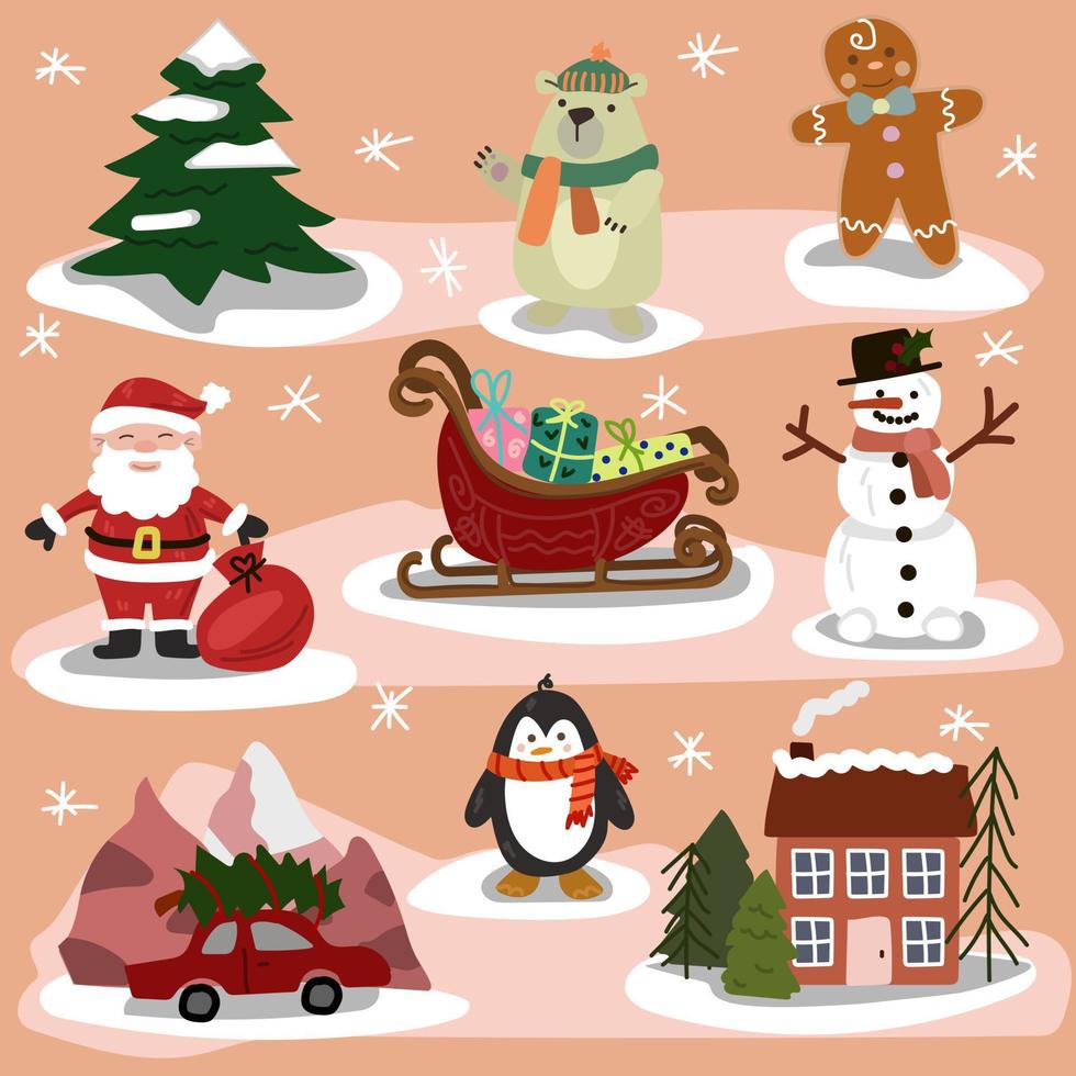 collezione e impostato di elementi allegro Natale. Santa claus, orso, pupazzo di neve, slitta con i regali, Natale albero, pinguino, auto con Natale albero, Casa, Pan di zenzero. vettore illustrazione