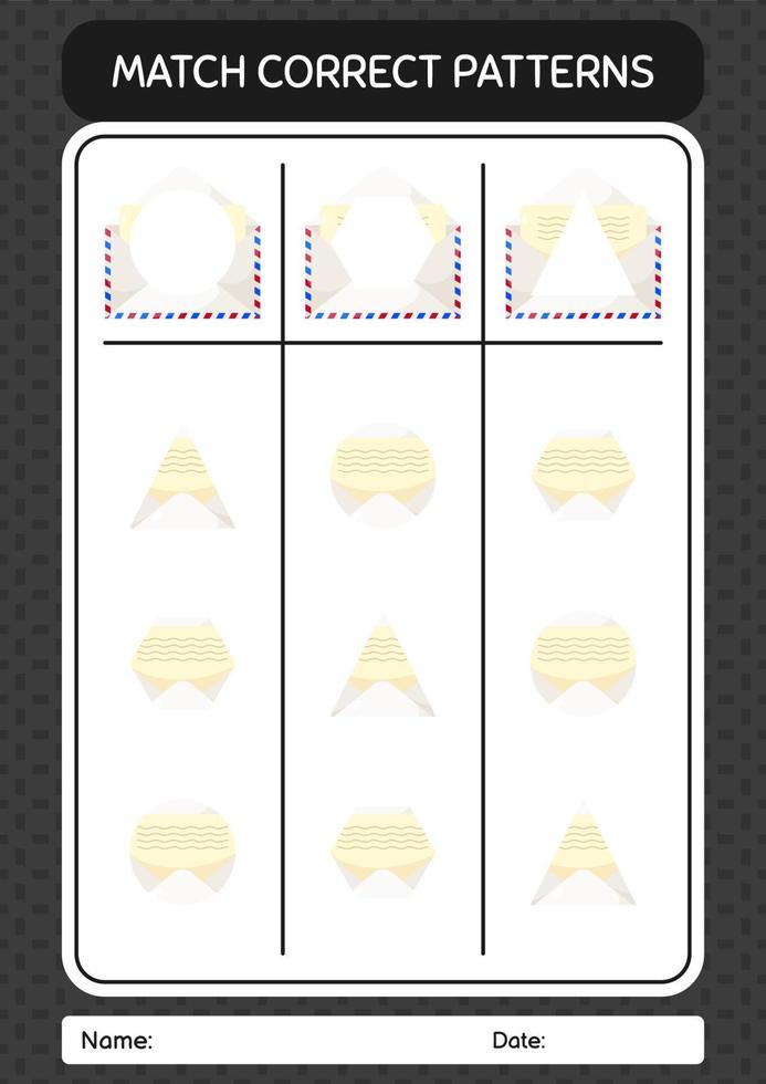 match pattern game con posta cartacea. foglio di lavoro per bambini in età prescolare, foglio attività per bambini vettore