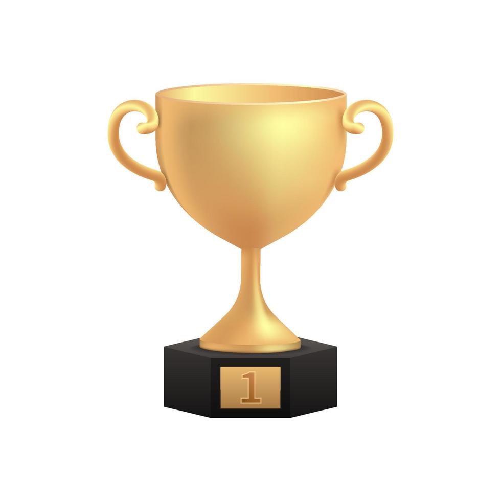 d'oro tazza 3d vincitore premio 1 ° posto minimo, oro vincitori stelle su podio. campione premio cerimonia concetto nel cartone animato stile. 3d trofeo vettore rendere isolato su bianca sfondo. gioco o formazione scolastica.