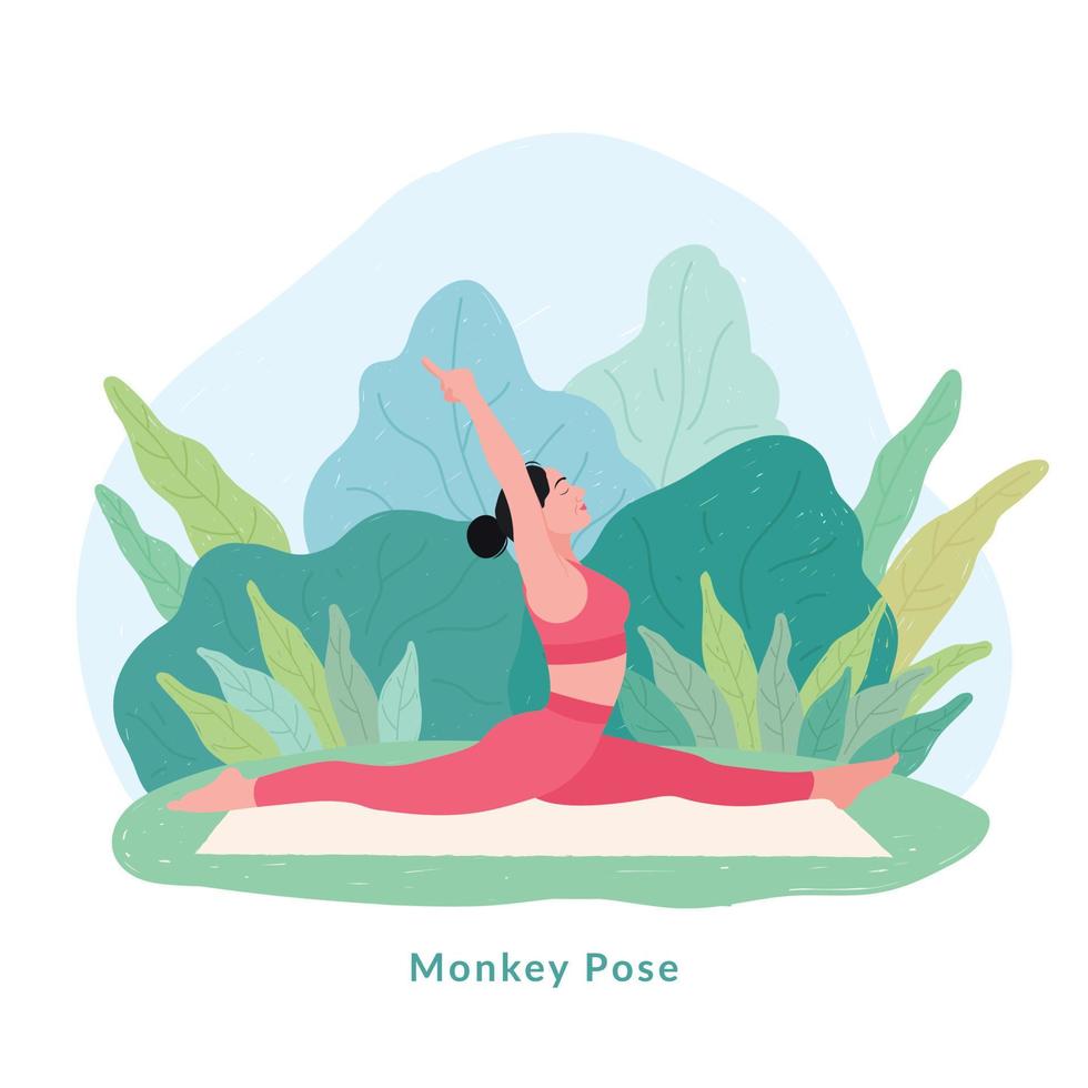 scimmia yoga posa. giovane donna donna fare yoga per yoga giorno celebrazione. vettore