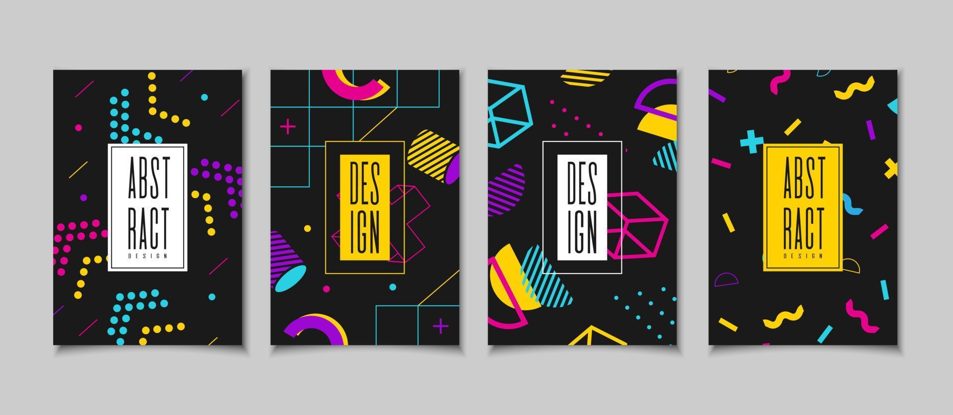 impostato carte nel il stile di il anni 80 con multicolore geometrico forme su il nero sfondo vettore