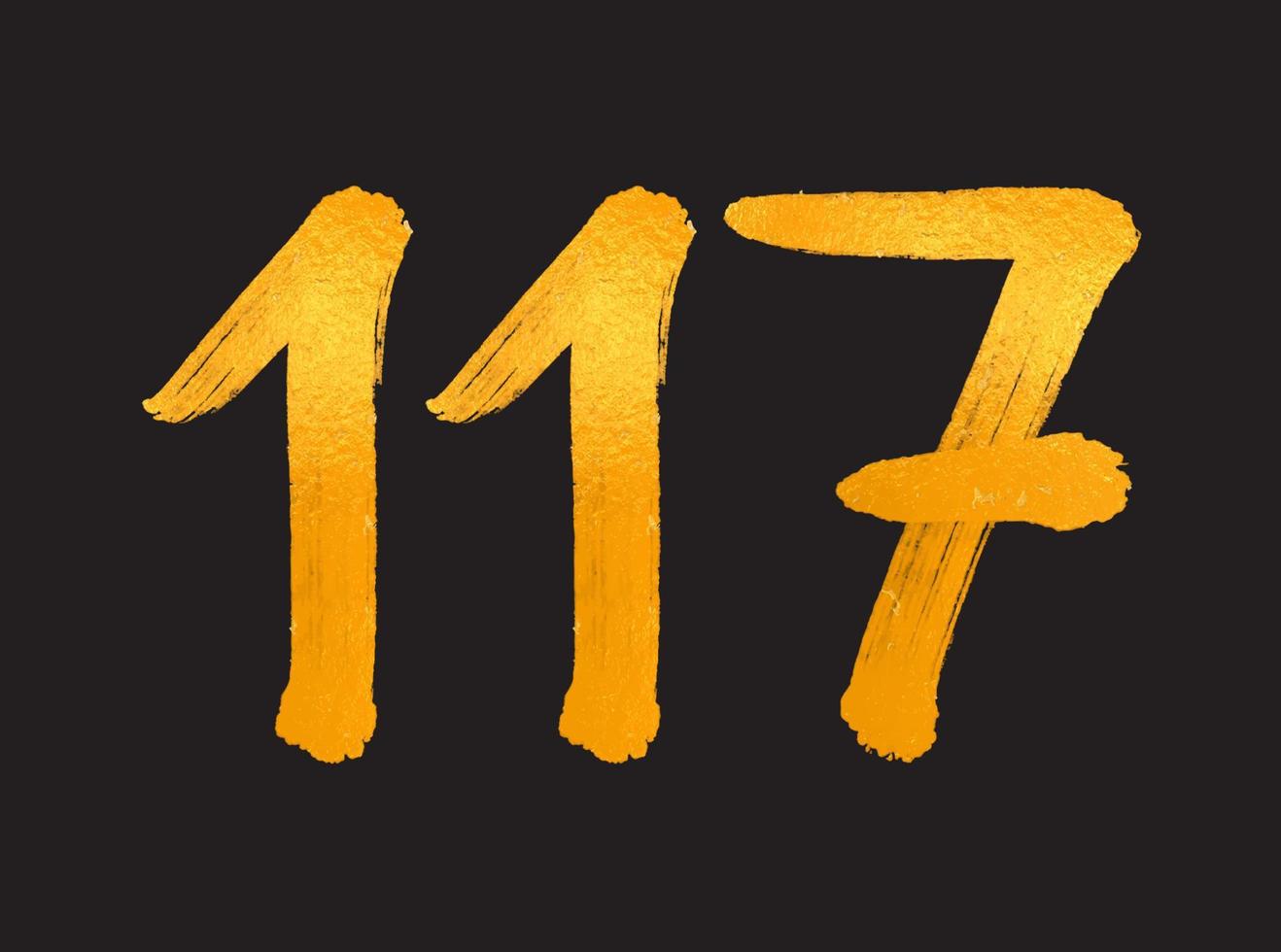 117 numero logo vettore illustrazione, 117 anni anniversario celebrazione vettore modello, 117° compleanno, oro lettering numeri spazzola disegno mano disegnato schizzo, numero logo design per Stampa, t camicia