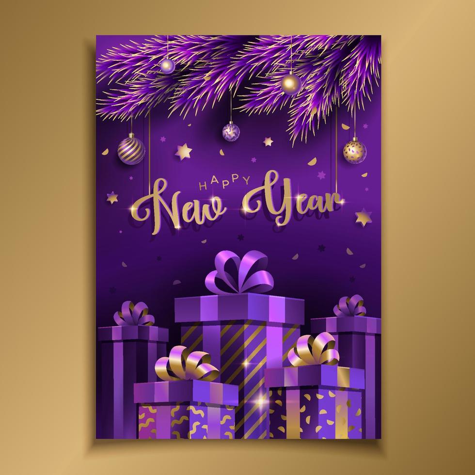 Natale carta con i regali, pino rami e festivo palle. unico design per striscione, manifesto o invito vettore
