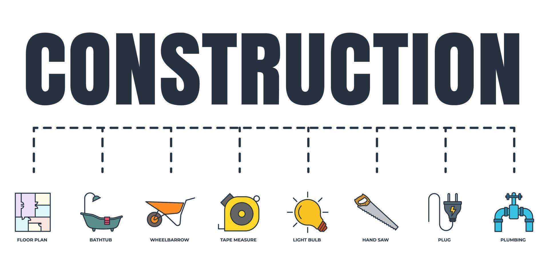 costruzione bandiera ragnatela icona impostare. leggero lampadina, pavimento Piano, carriola, nastro misurare, mano sega, tappo, impianto idraulico, vasca da bagno vettore illustrazione concetto.
