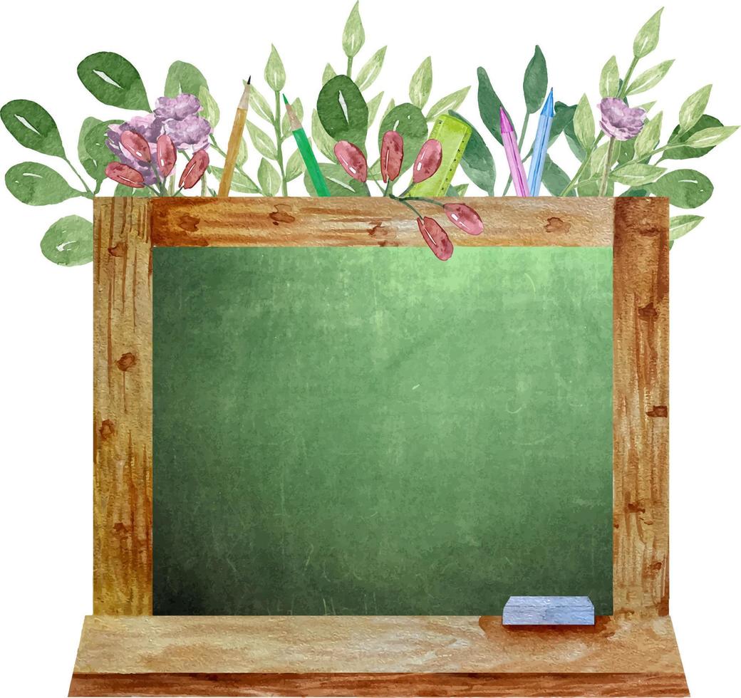 acquerello verde scuola lavagna nel di legno telaio con fiori e erba vettore